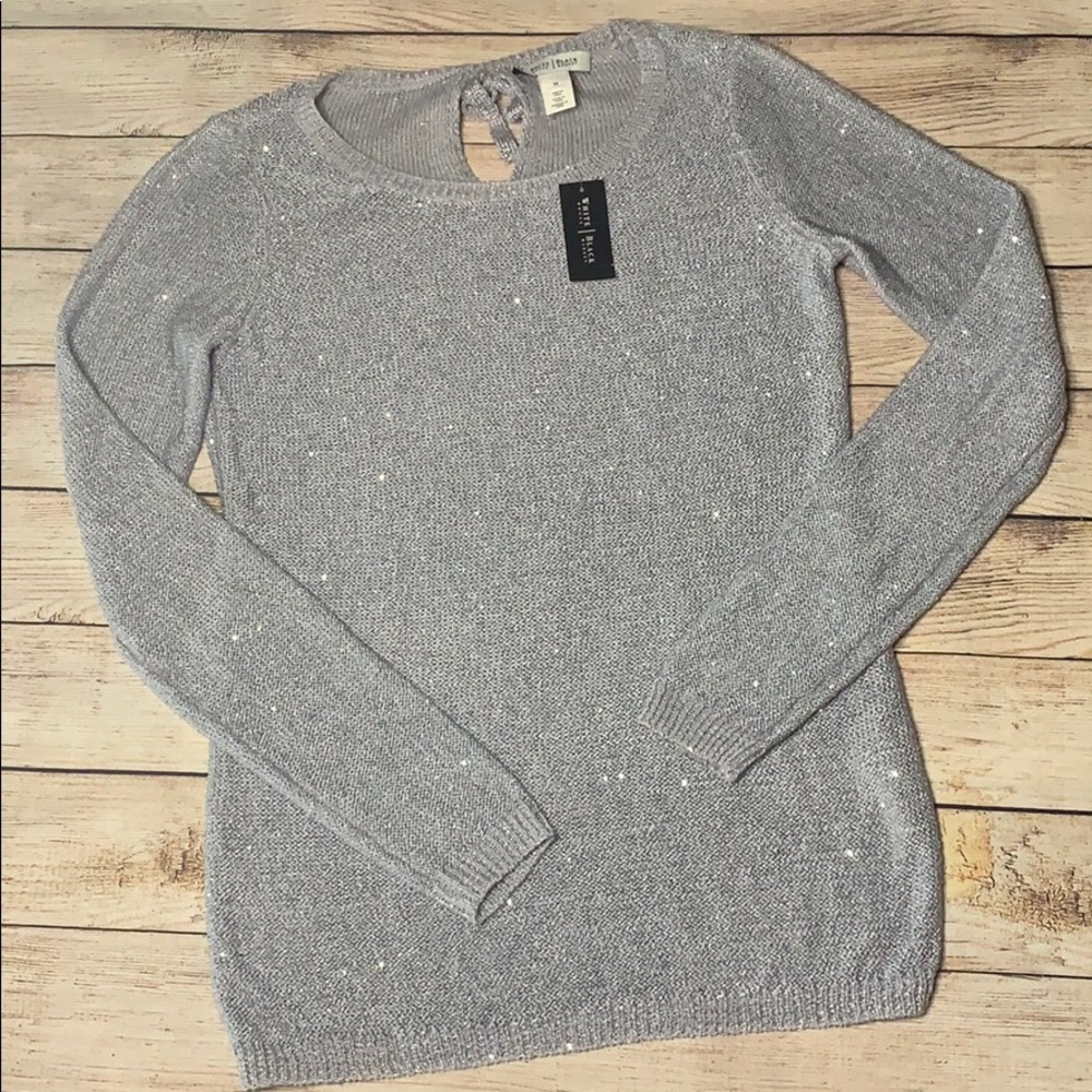 White House Black Market Grey Blue Sequin Sweater with Tie Medium